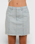 Light blue denim skirt with subtle pattern on a white background