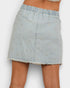 Light blue denim skirt with floral embroidery on a white background