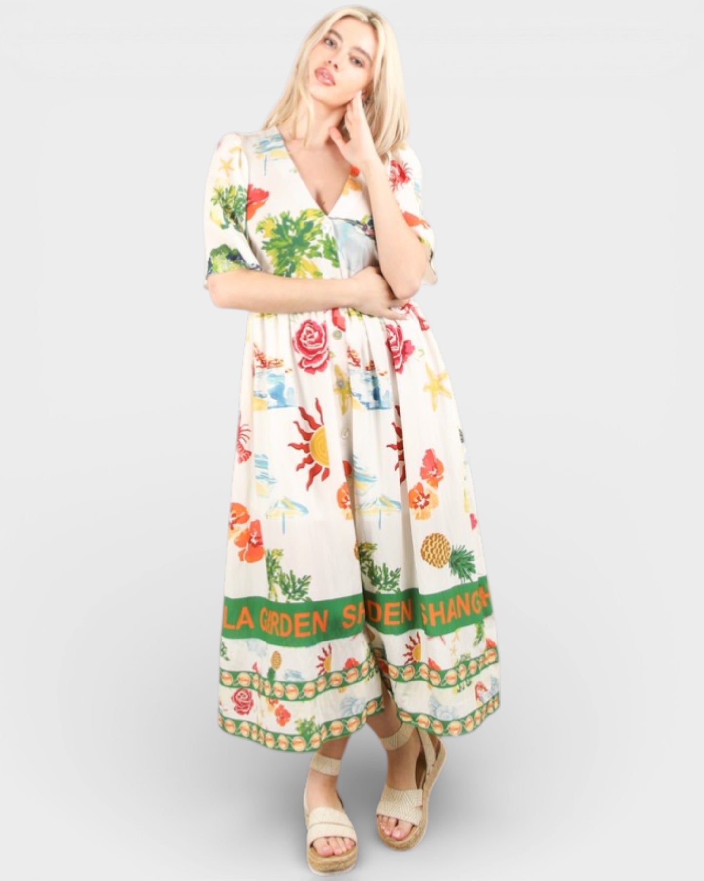 Woman wearing a colorful floral dress with text on a white background