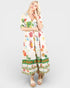 Woman wearing a colorful floral dress with text on a white background