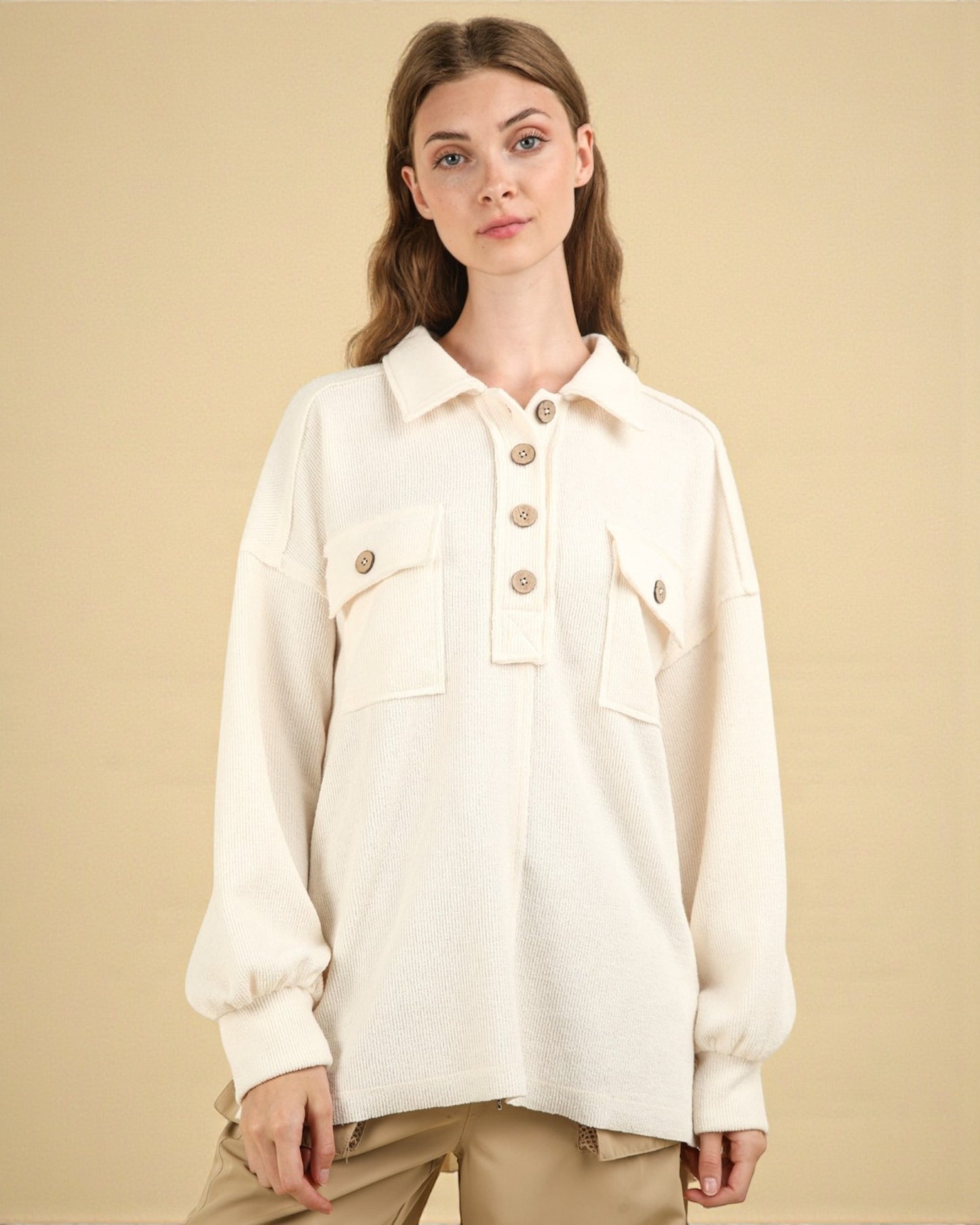 Ivory Collared Button Pullover