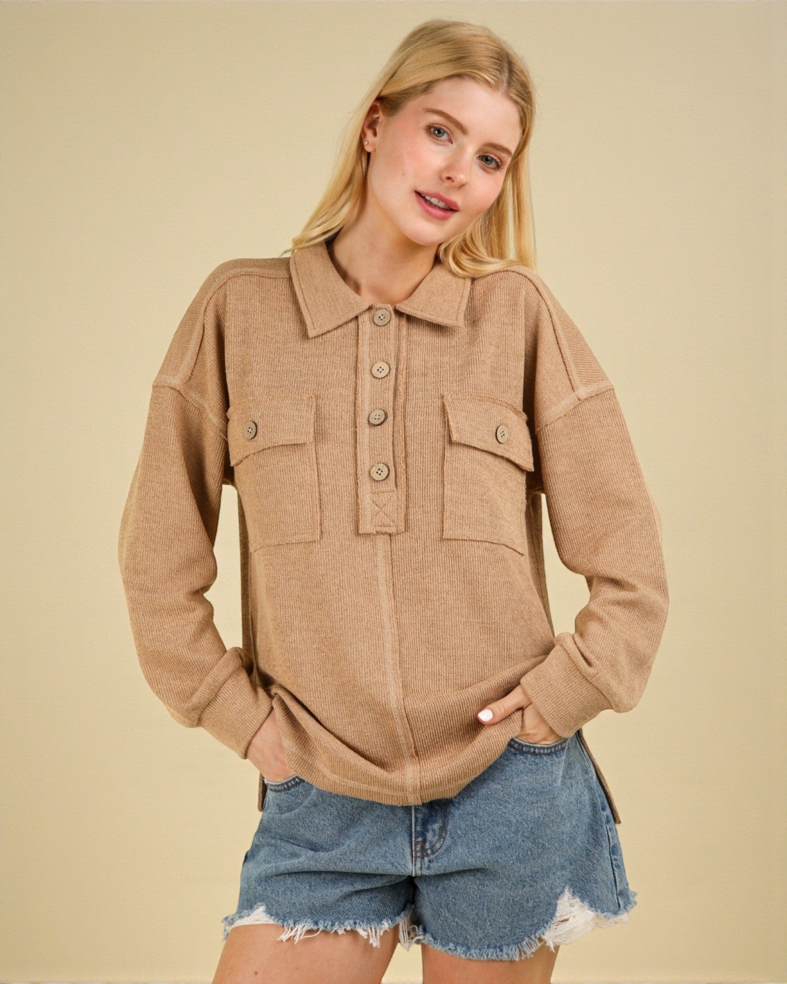 Taupe Collared Button Pullover
