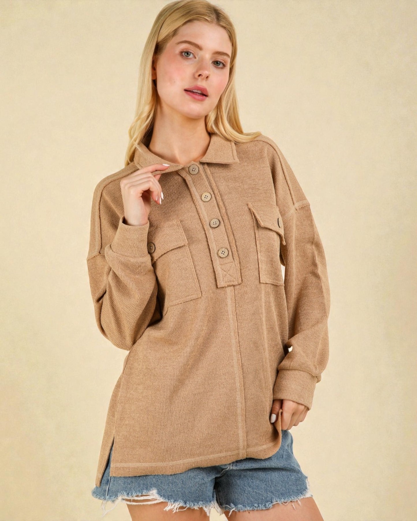 Taupe Collared Button Pullover