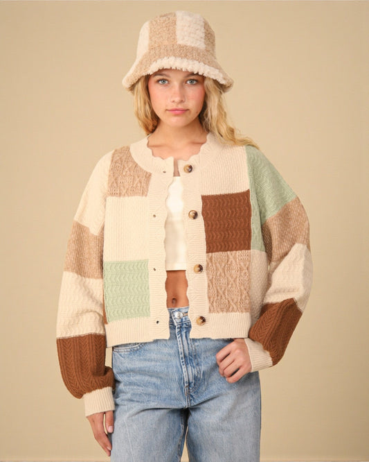 Ivory Patchwork Knit Cardigan
