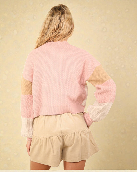 Cardigan texturé à boutons color block en blush