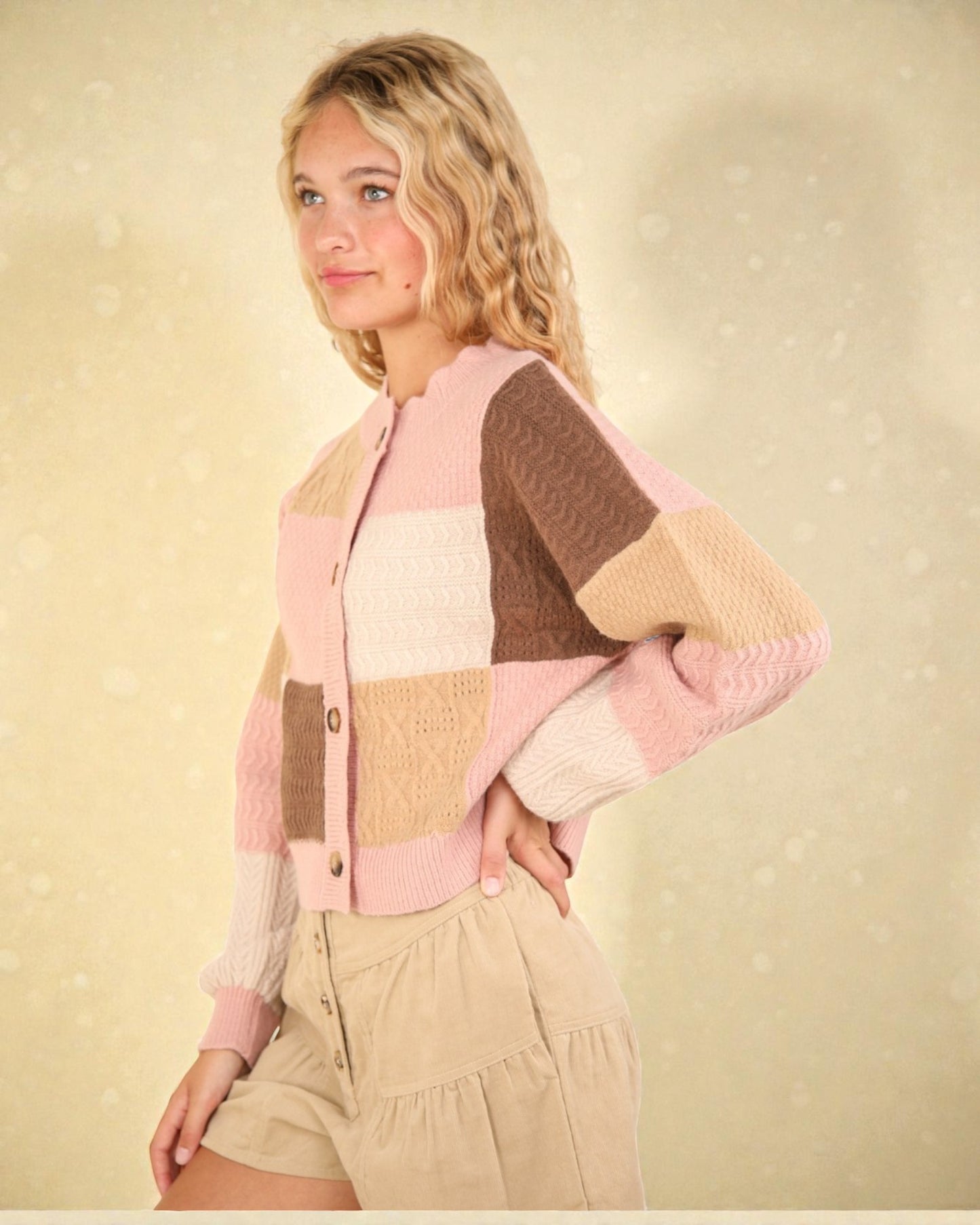 Cardigan texturé à boutons color block en blush