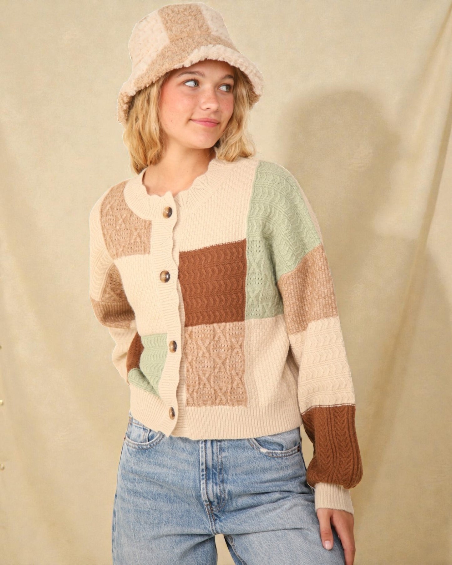 Ivory Patchwork Knit Cardigan