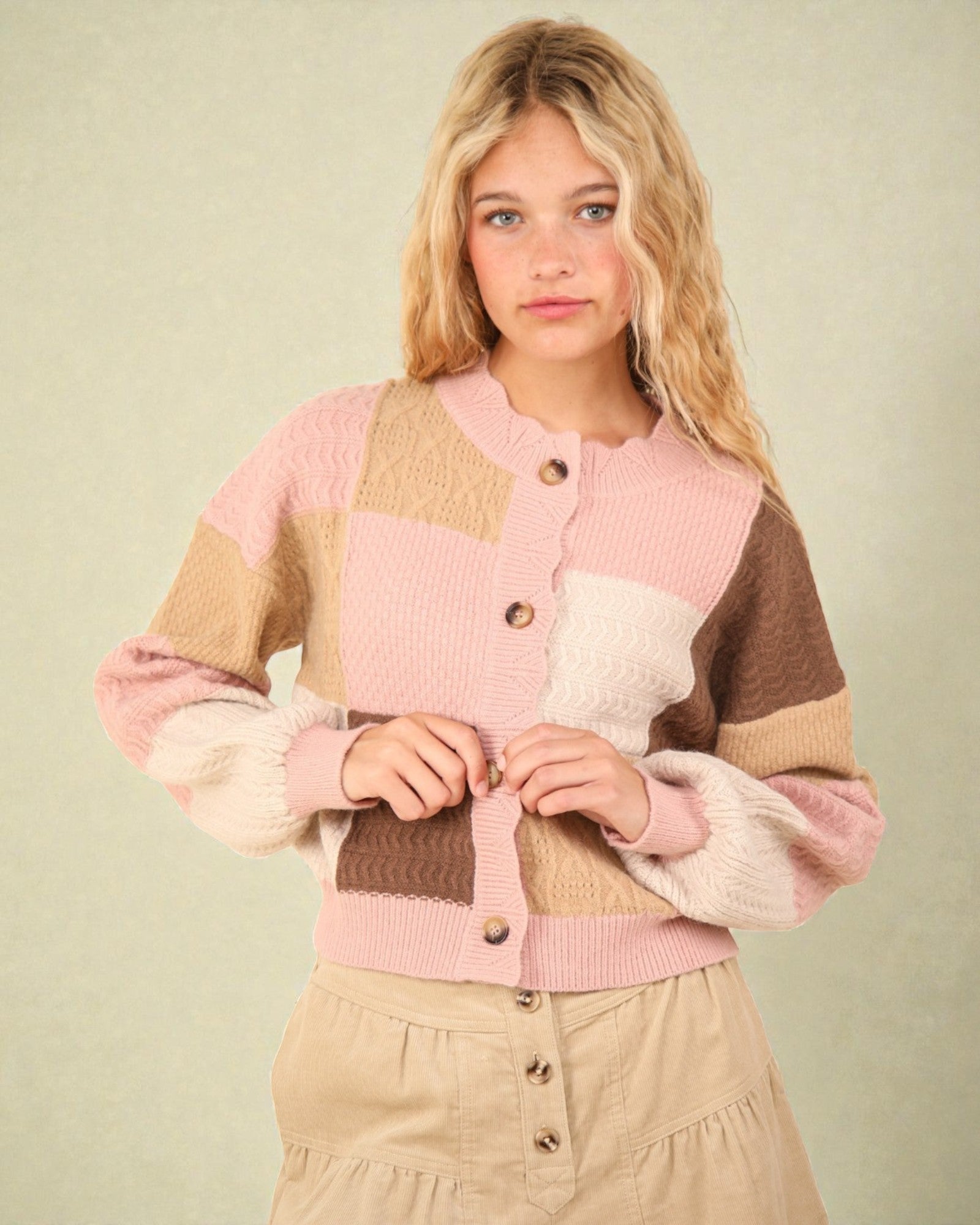 Cardigan texturé à boutons color block en blush