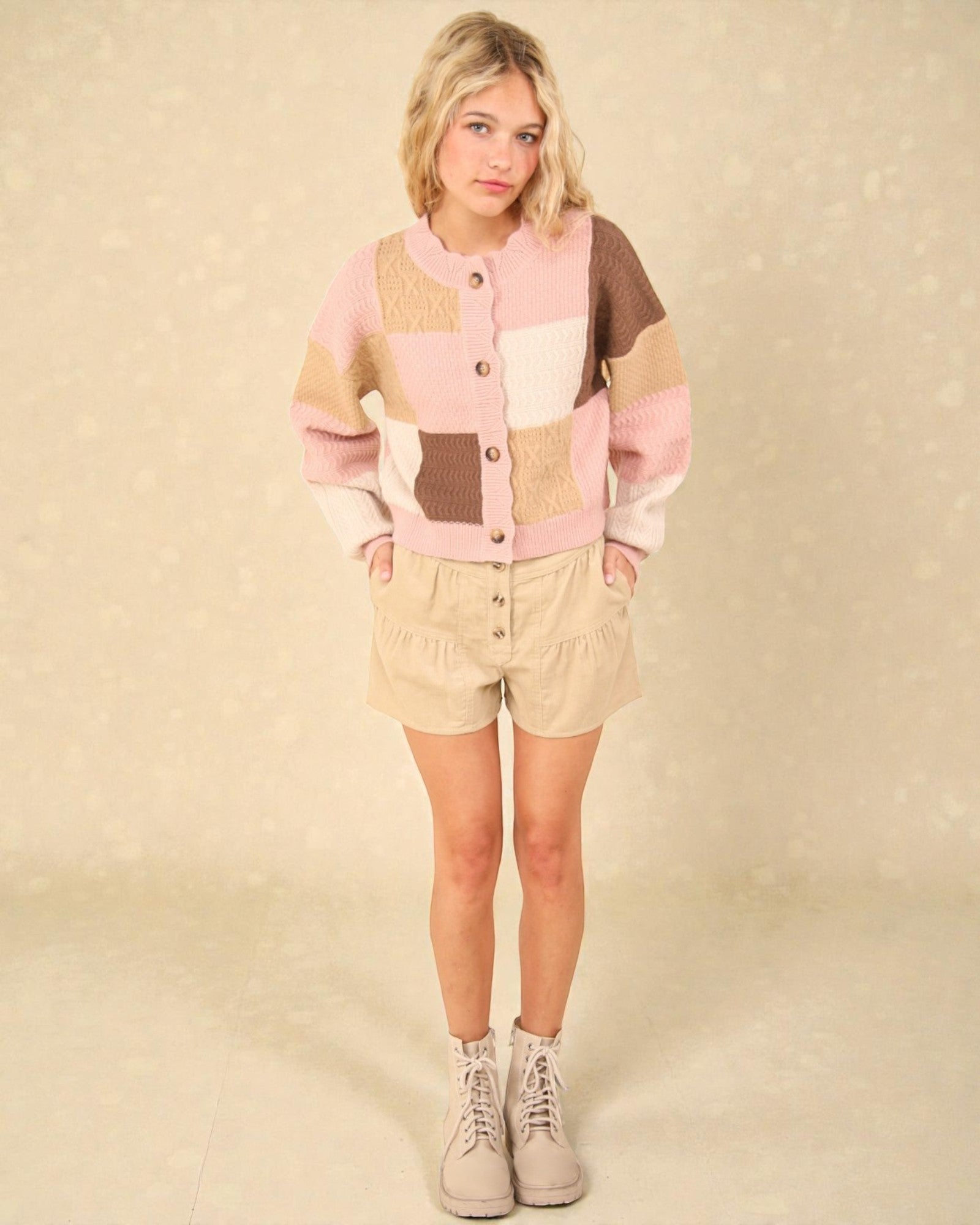 Cardigan texturé à boutons color block en blush