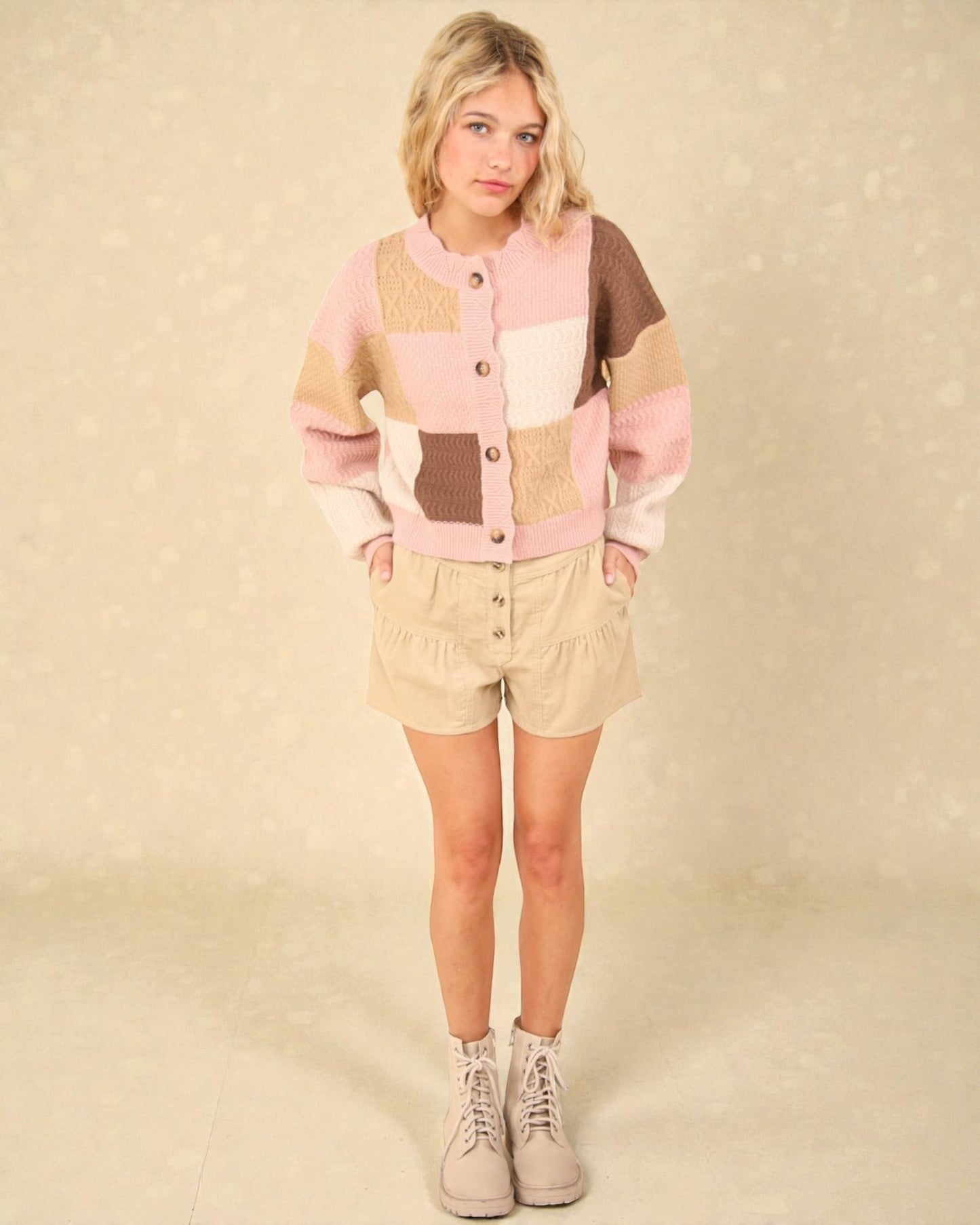 Cardigan texturé à boutons color block en blush