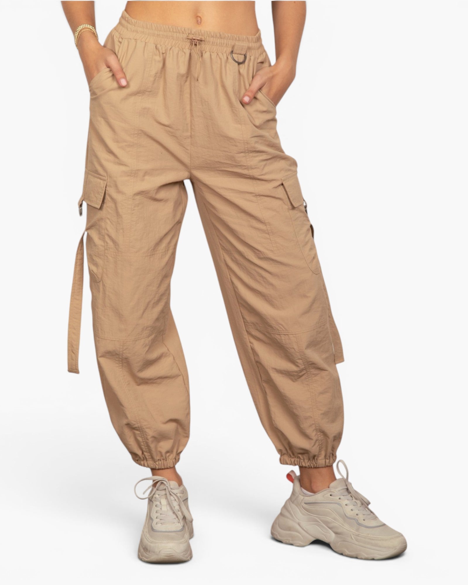 Taupe Nylon Cargo Jogger Pants