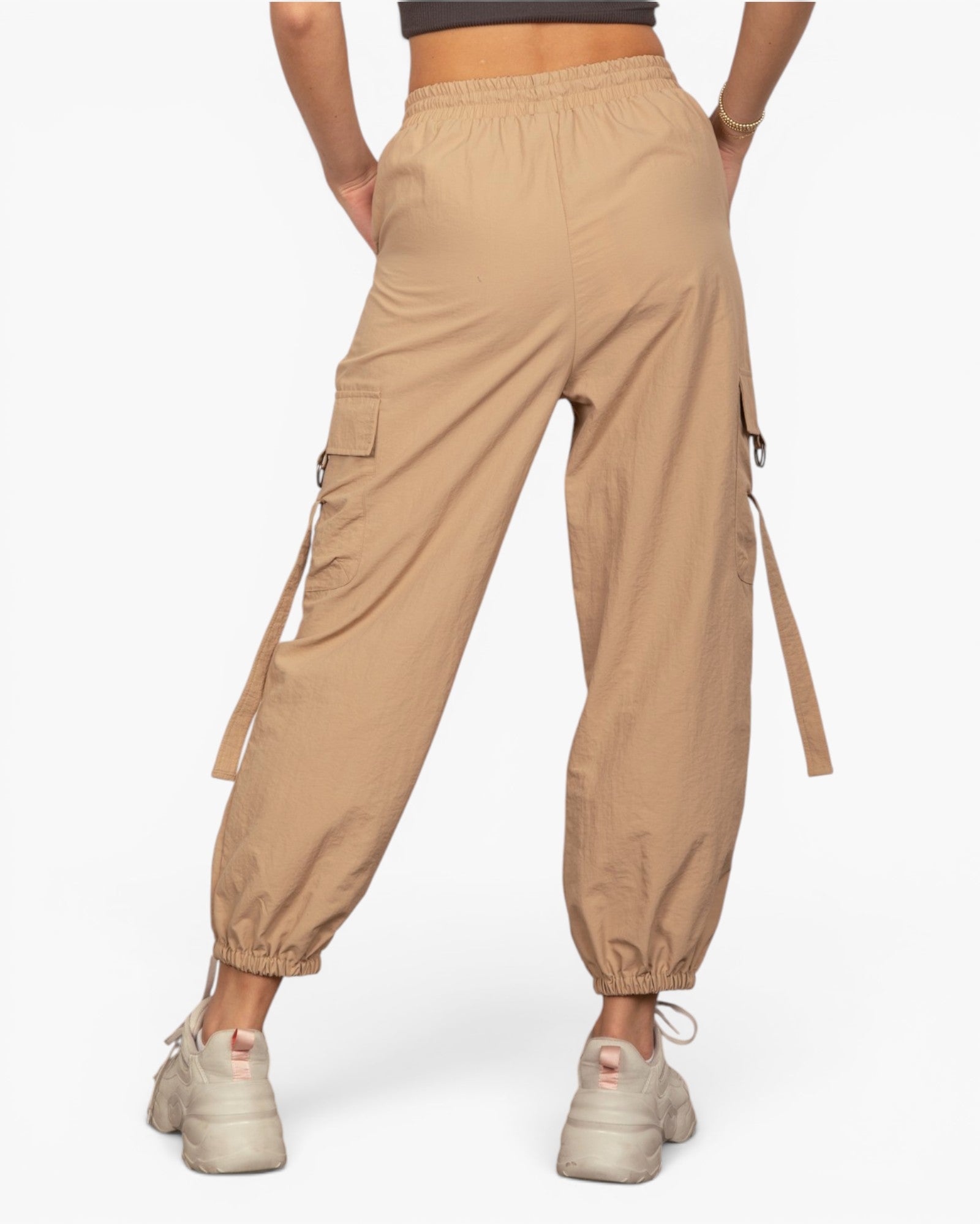 Taupe Nylon Cargo Jogger Pants