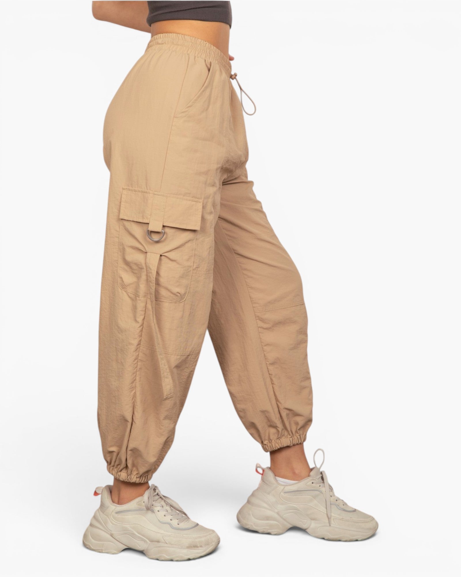 Taupe Nylon Cargo Jogger Pants