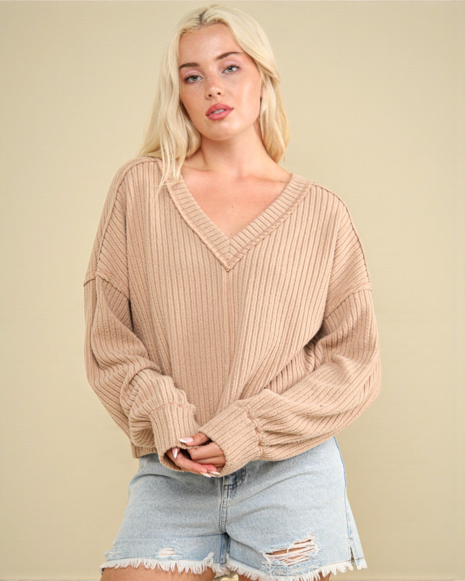 Taupe Waffle Knit V-Neck Top