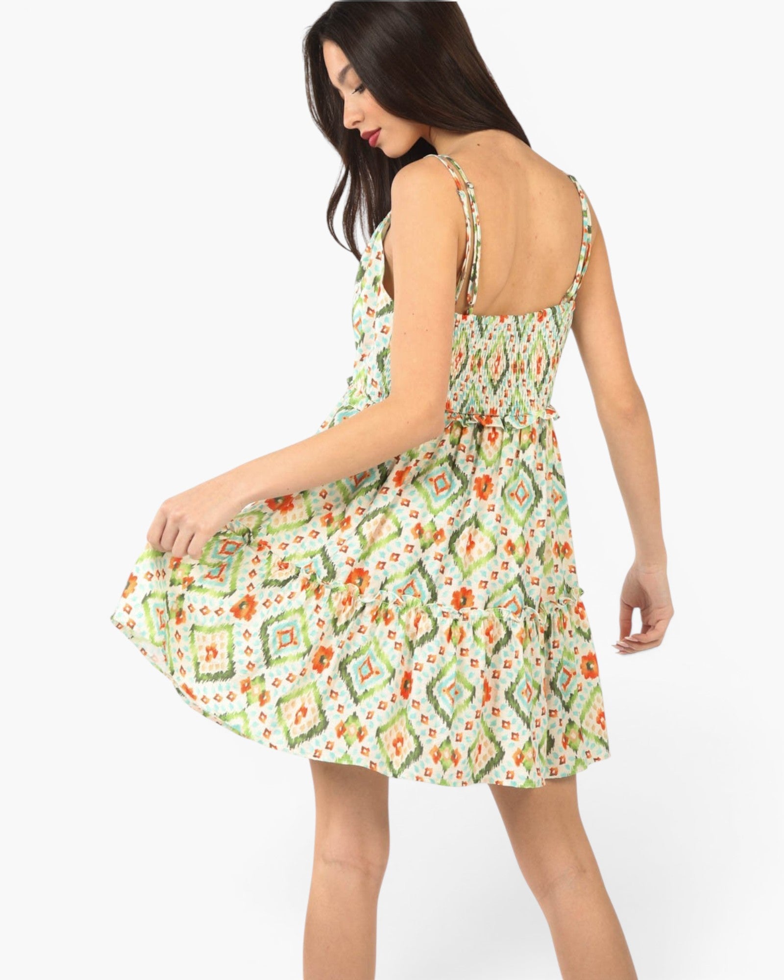 Green Printed Lined Tiered Mini Dress