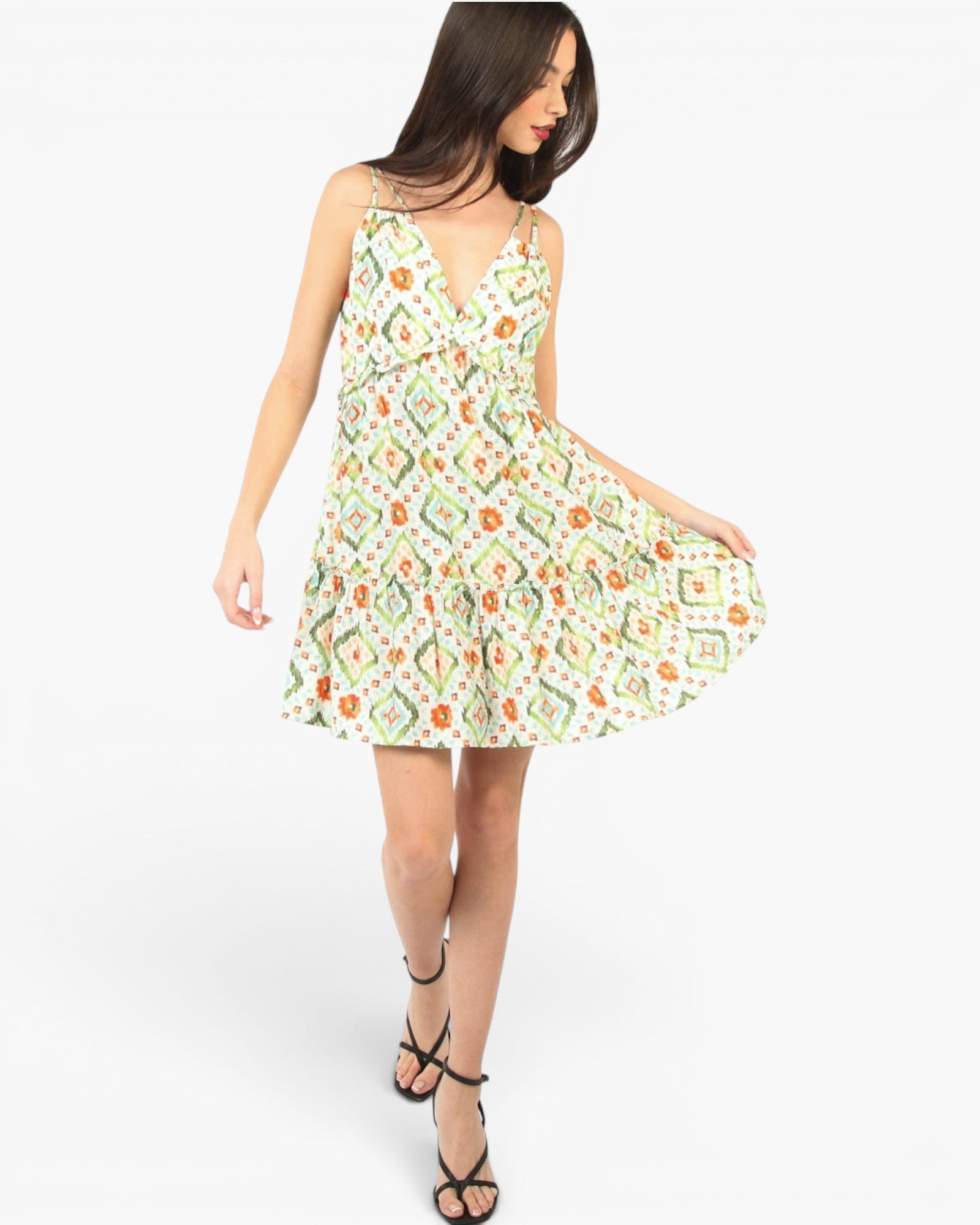 Green Printed Lined Tiered Mini Dress