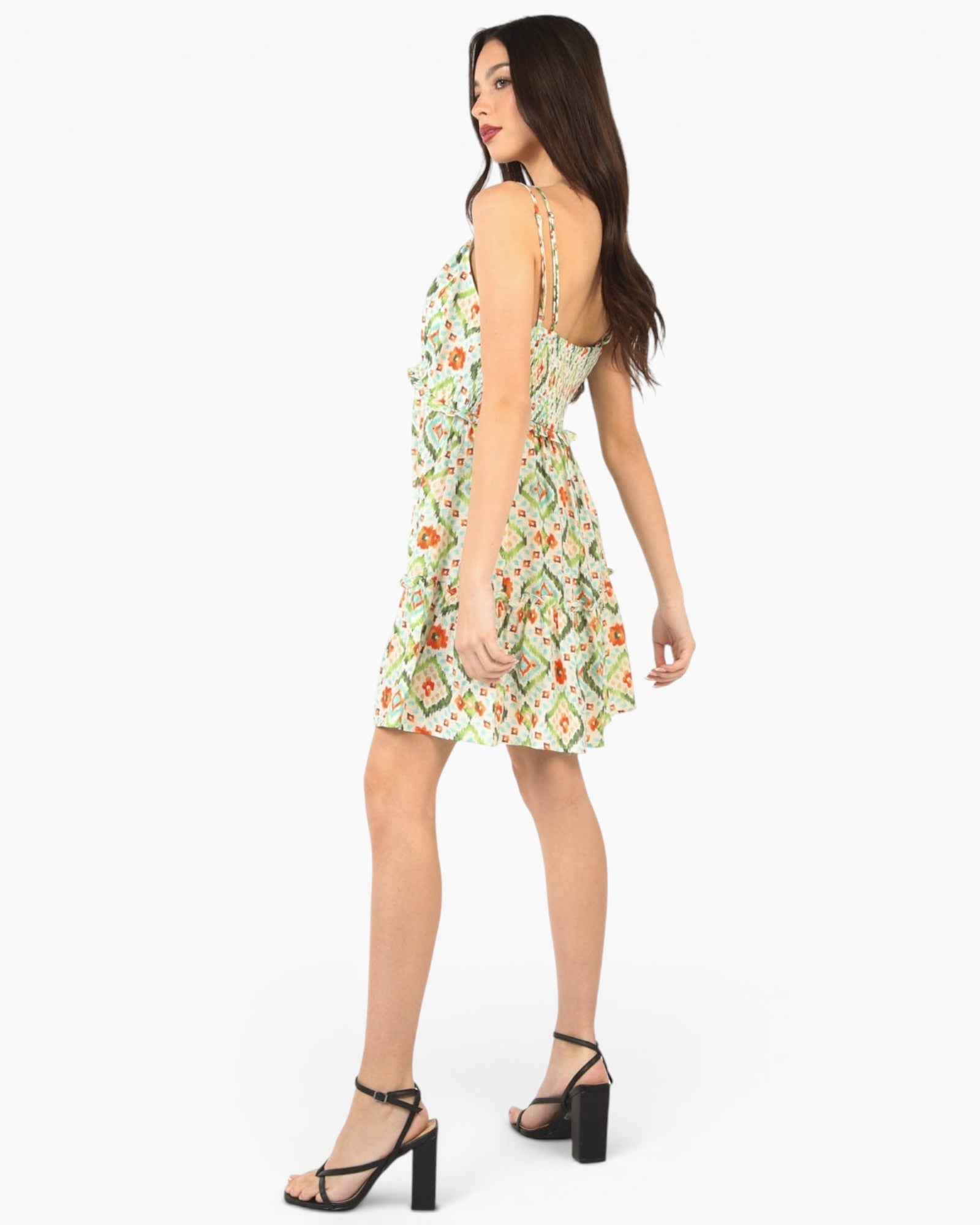 Green Printed Lined Tiered Mini Dress