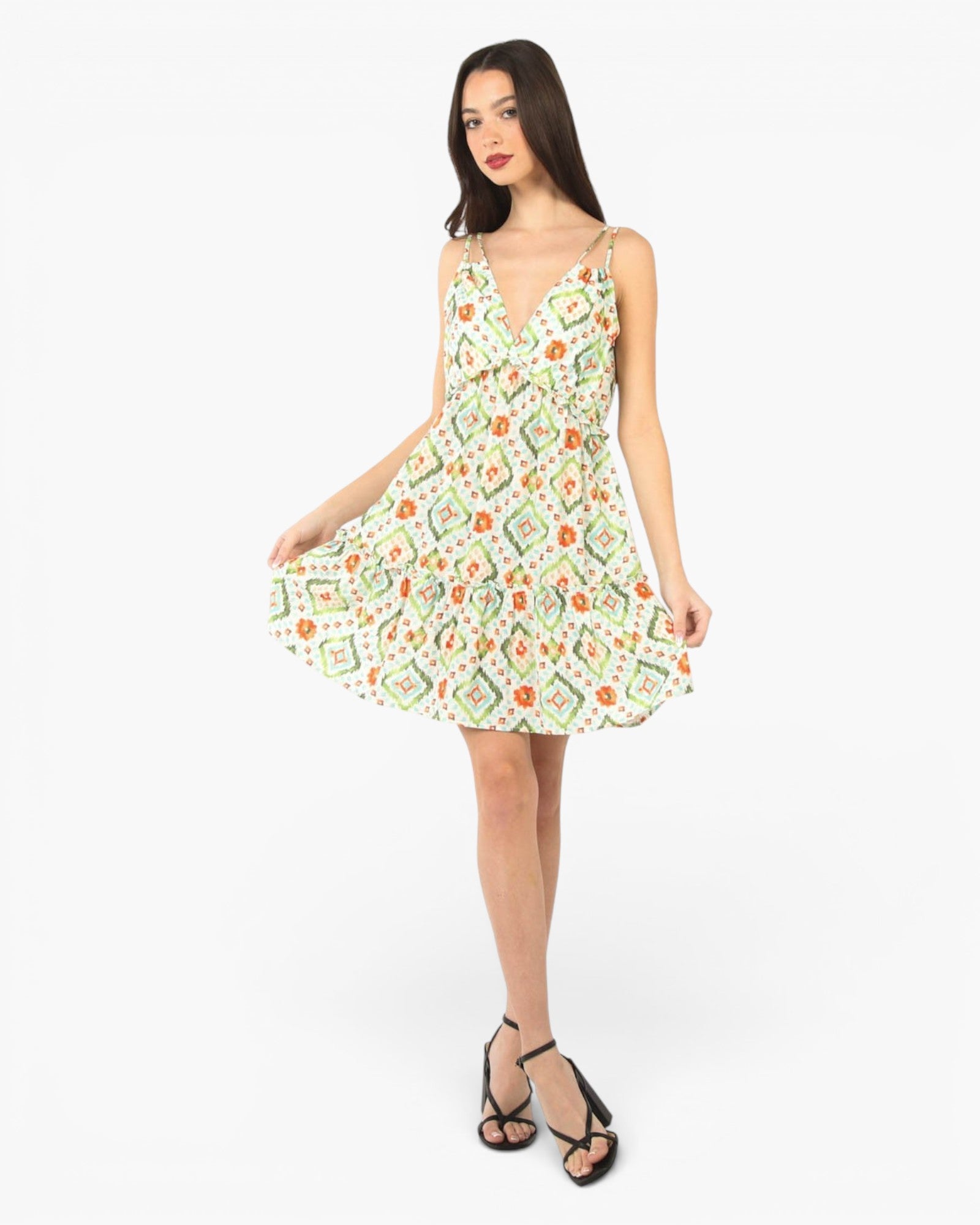 Green Printed Lined Tiered Mini Dress