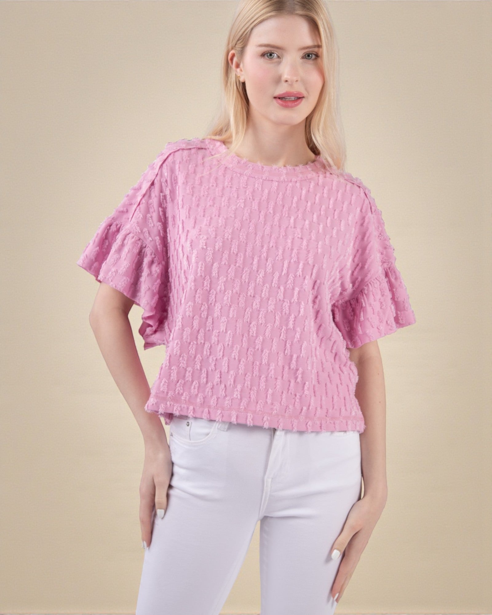 Pink Textured Flutter Sleeve Top