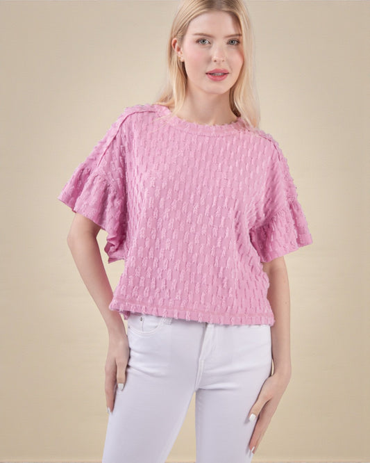 Pink Textured Flutter Sleeve Top