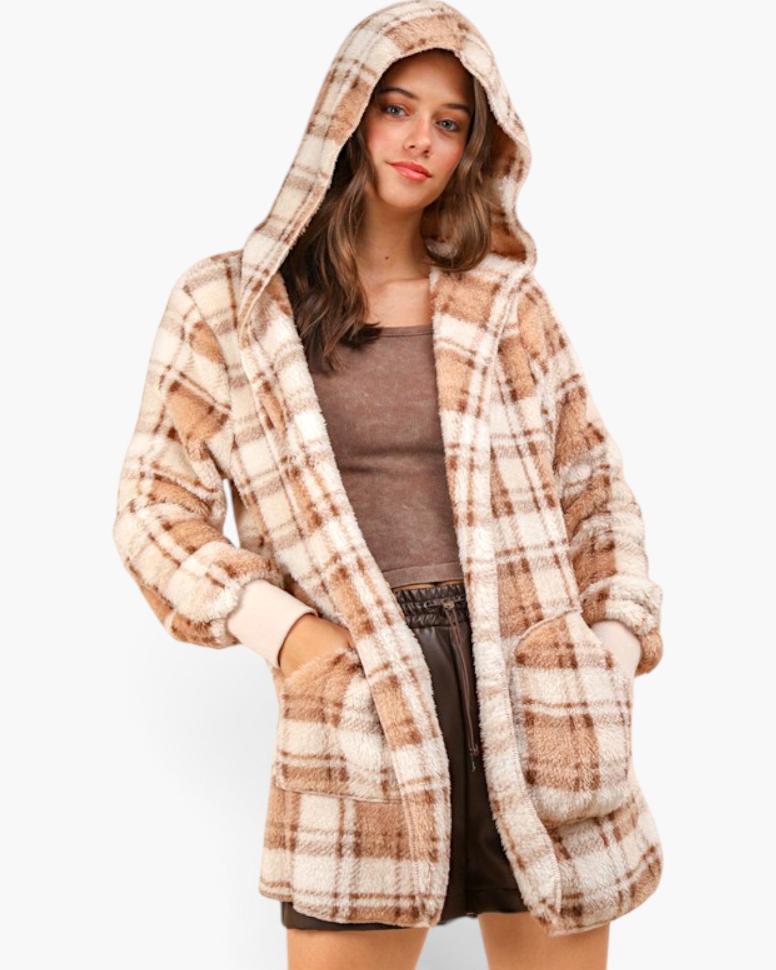 Camel Plaid Hooded Teddy Cardigan