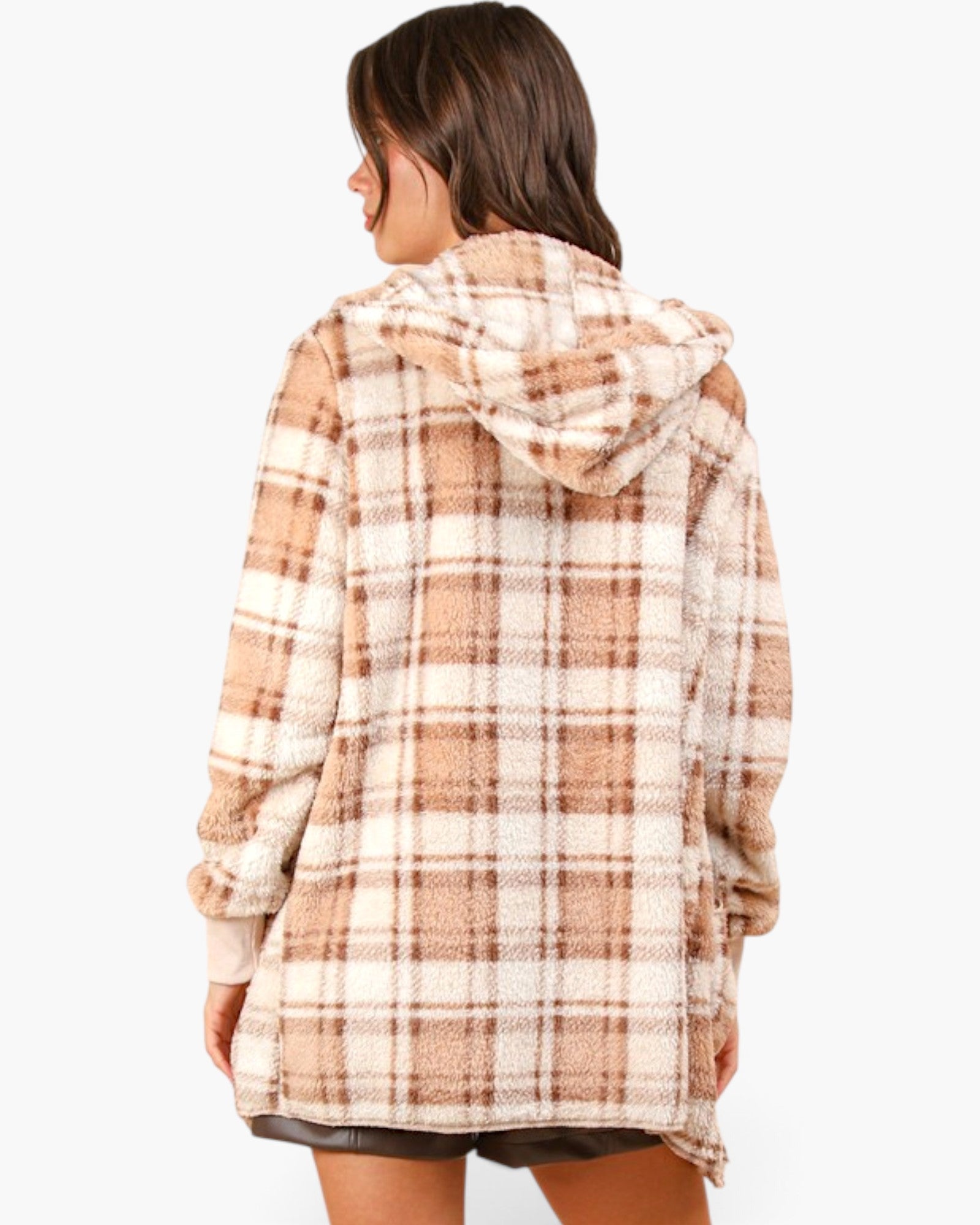 Camel Plaid Hooded Teddy Cardigan