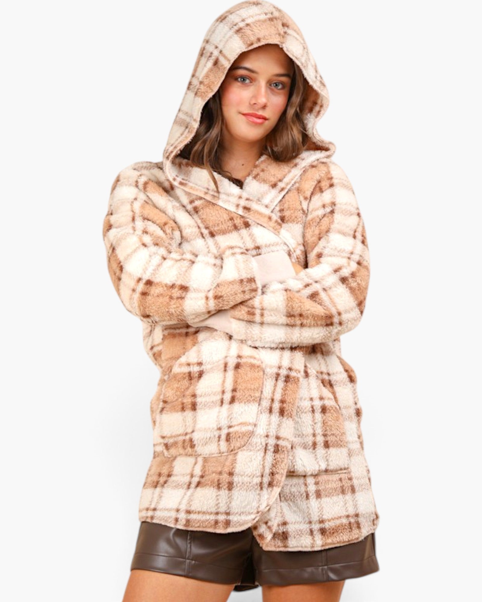 Camel Plaid Hooded Teddy Cardigan