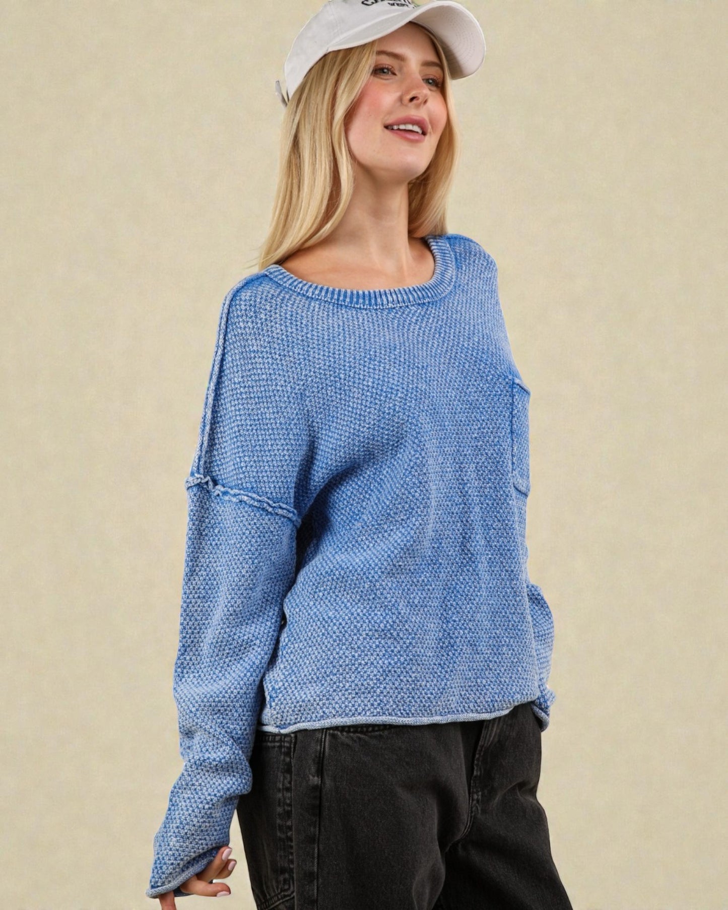 Blue Textured Pocket Pullover