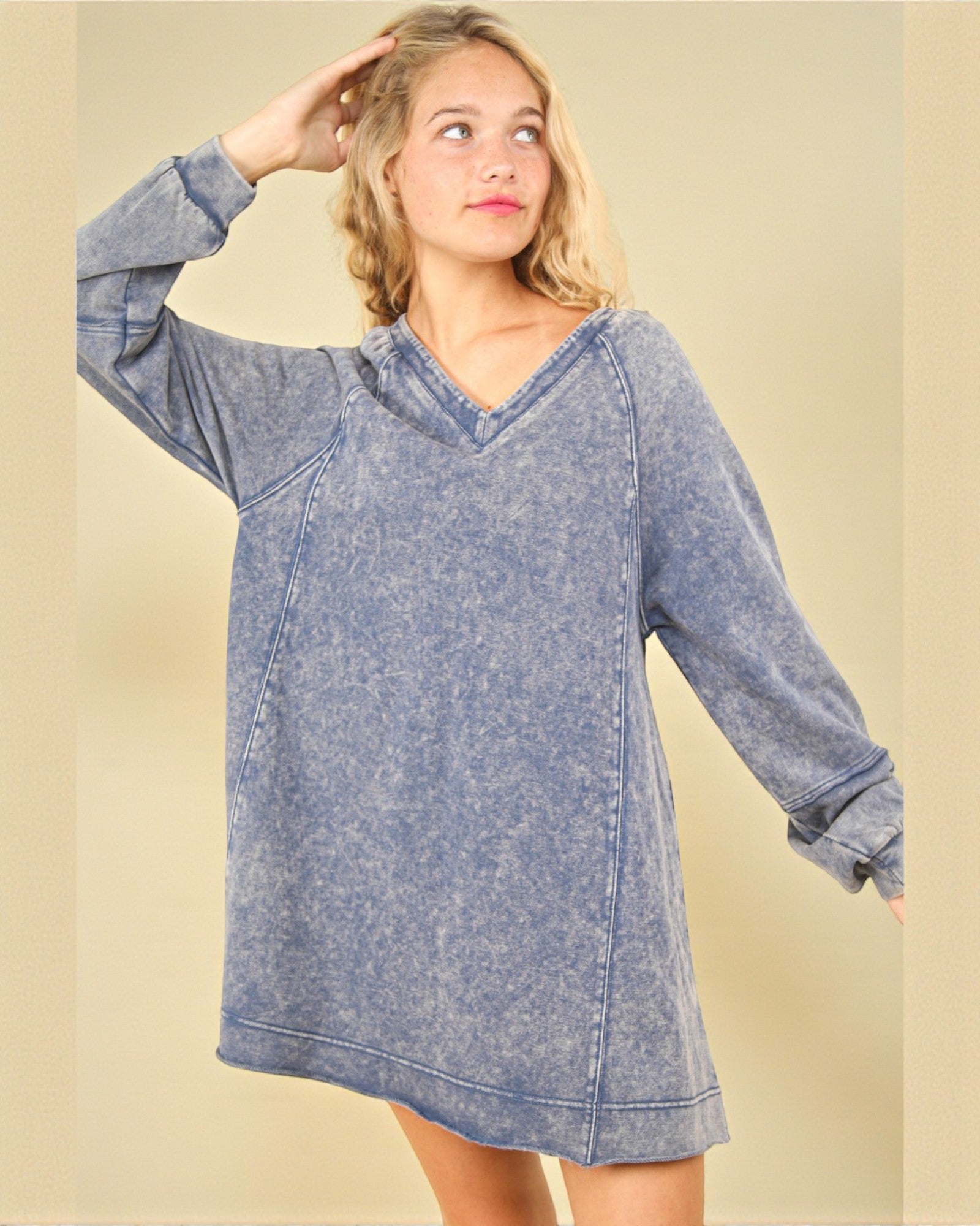 Washed Blue Sweatshirt Mini Dress