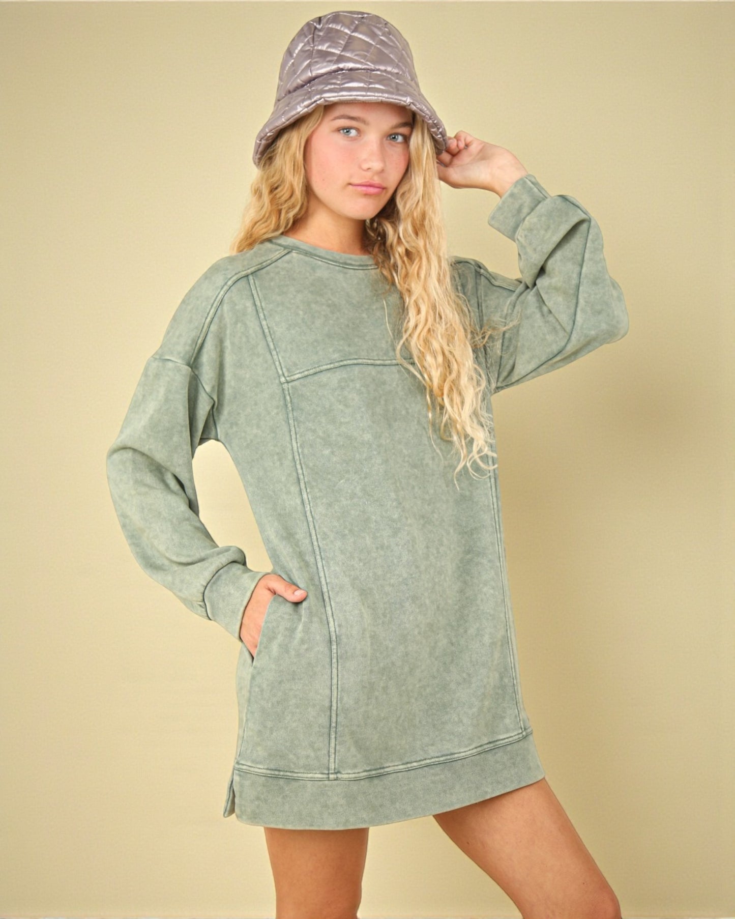 Sage Washed Sweatshirt Mini Dress