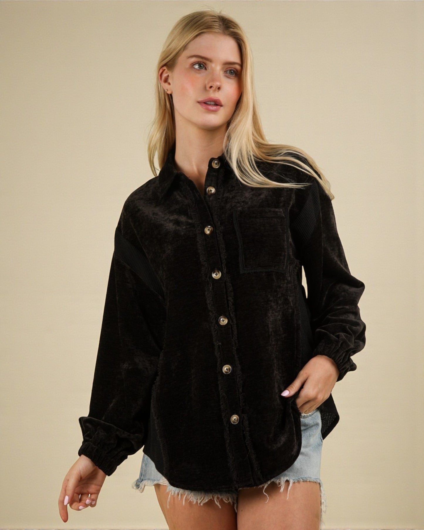 Black Corduroy Button-Up Shirt