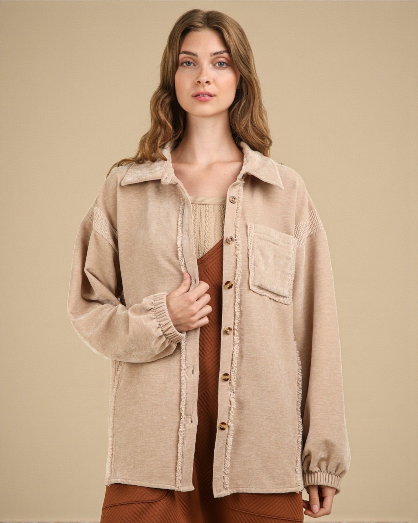 Warm Taupe Washed Button Shacket