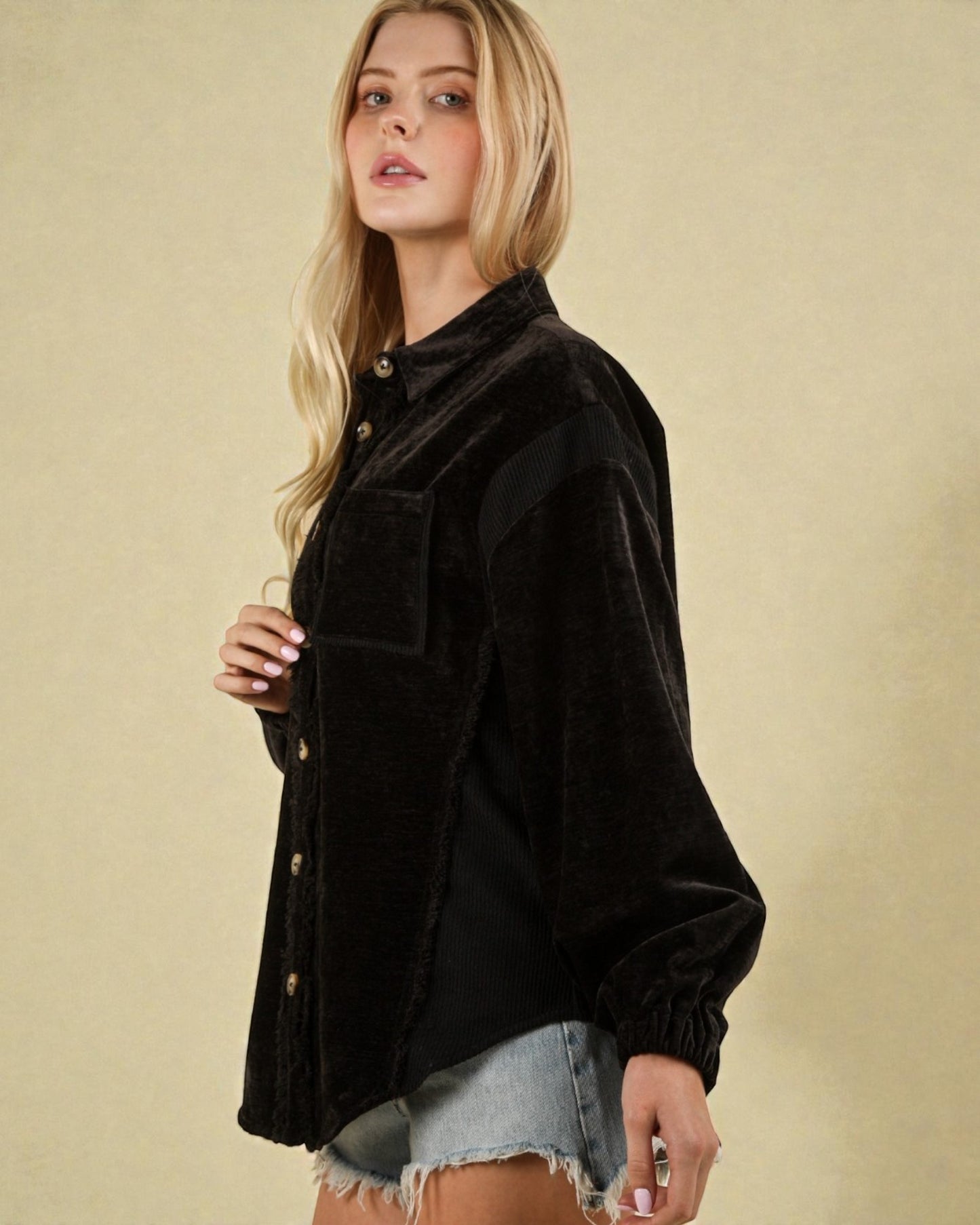 Black Corduroy Button-Up Shirt