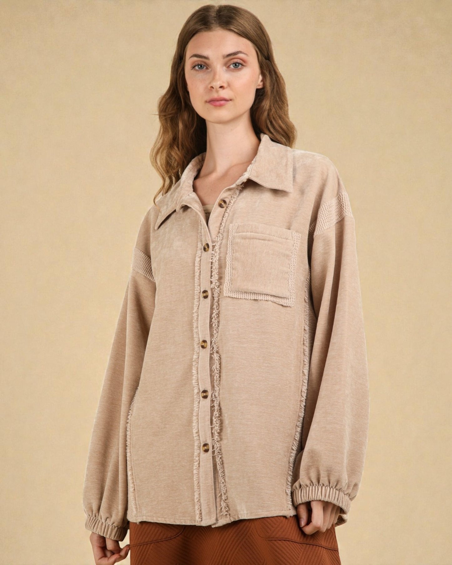 Warm Taupe Washed Button Shacket