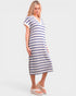 Woman wearing a blue and white striped dress on a plain background
