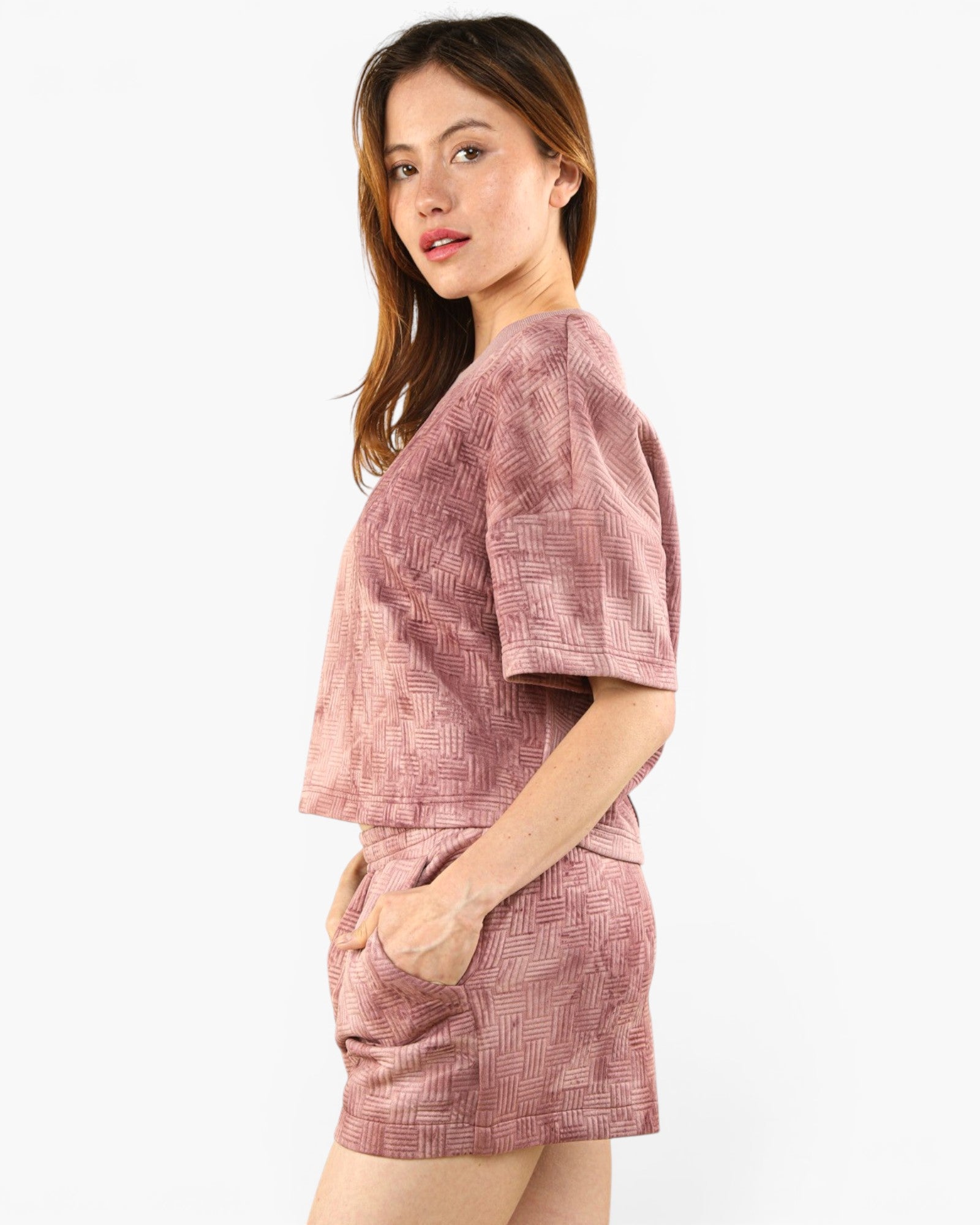 Ensemble haut court matelassé délavé et short en mauve