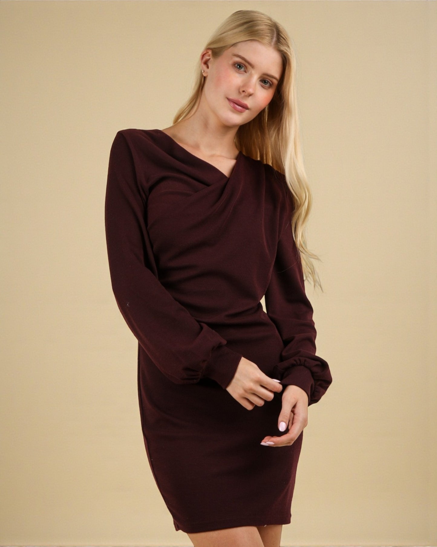 Burgundy Wrap-Front Mini Dress