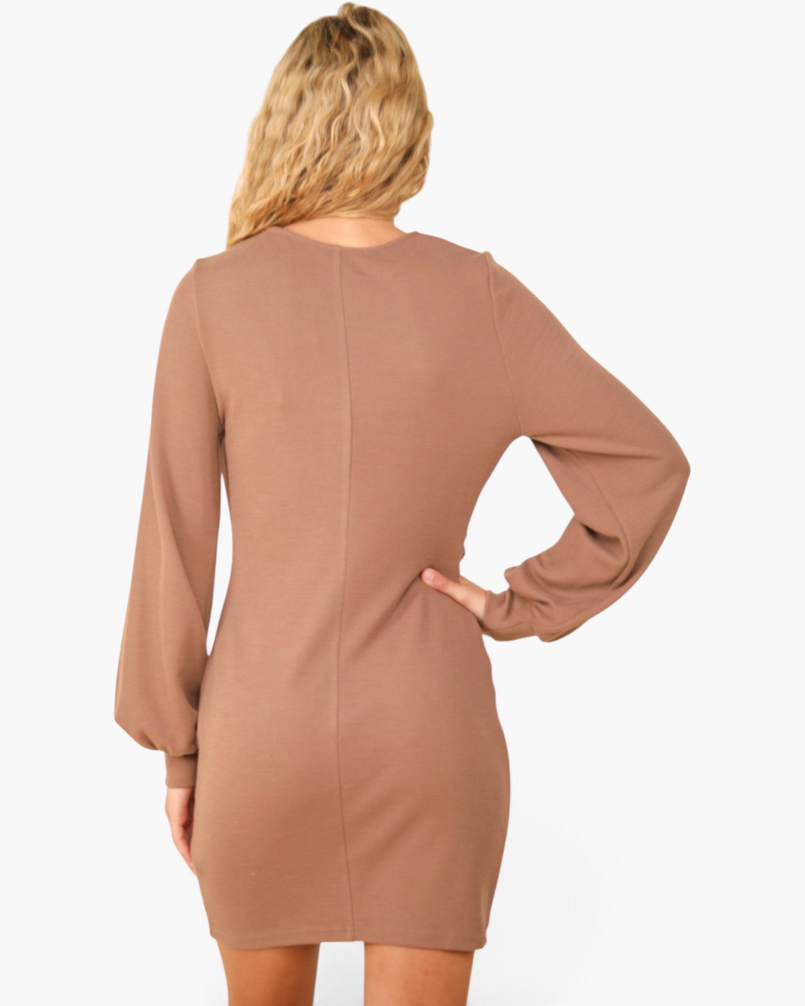 A woman shown from the back wearing a long-sleeve, bodycon mini dress in a muted taupe-brown color, set against a plain light gray studio background.