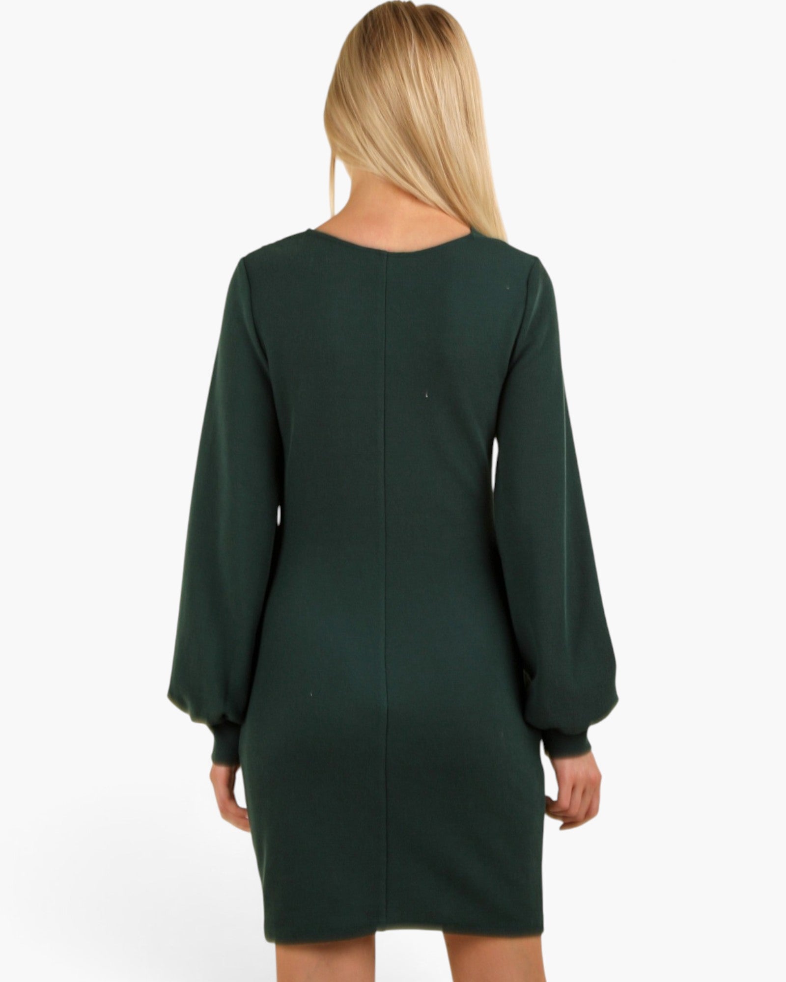 A woman viewed from the back wearing a dark forest green long-sleeve dress with a crew neck and a straight, knee-length silhouette, set against a plain white studio background.