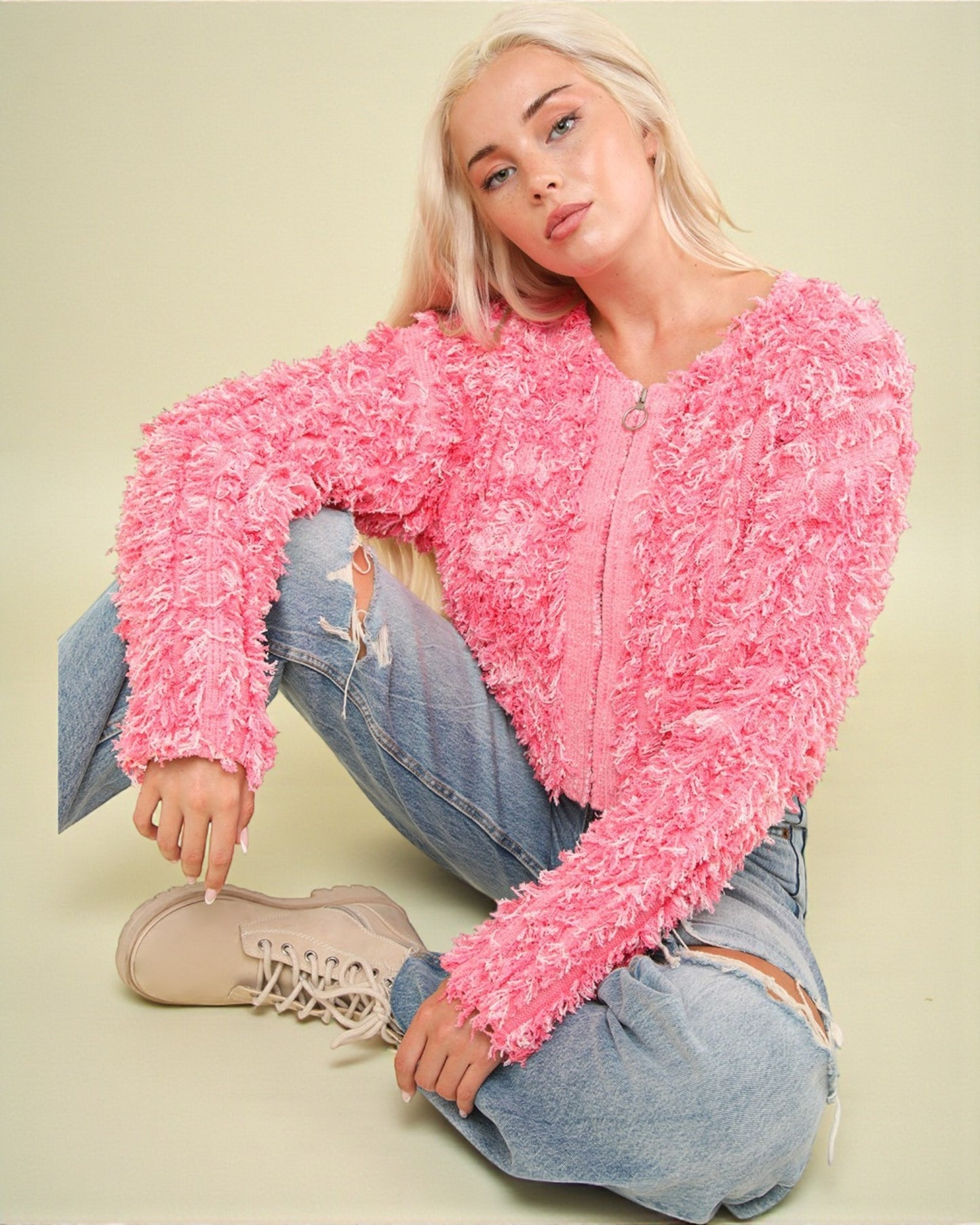 Pink Shag Knit Zip Cardigan