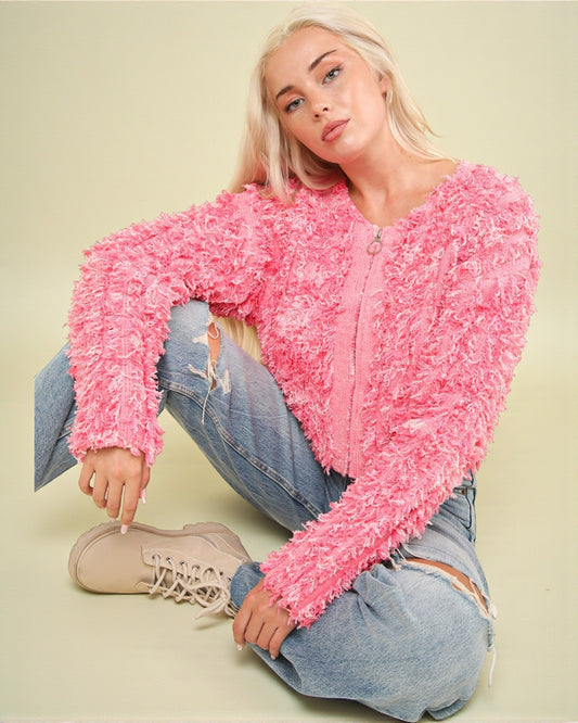 Pink Shag Knit Zip Cardigan