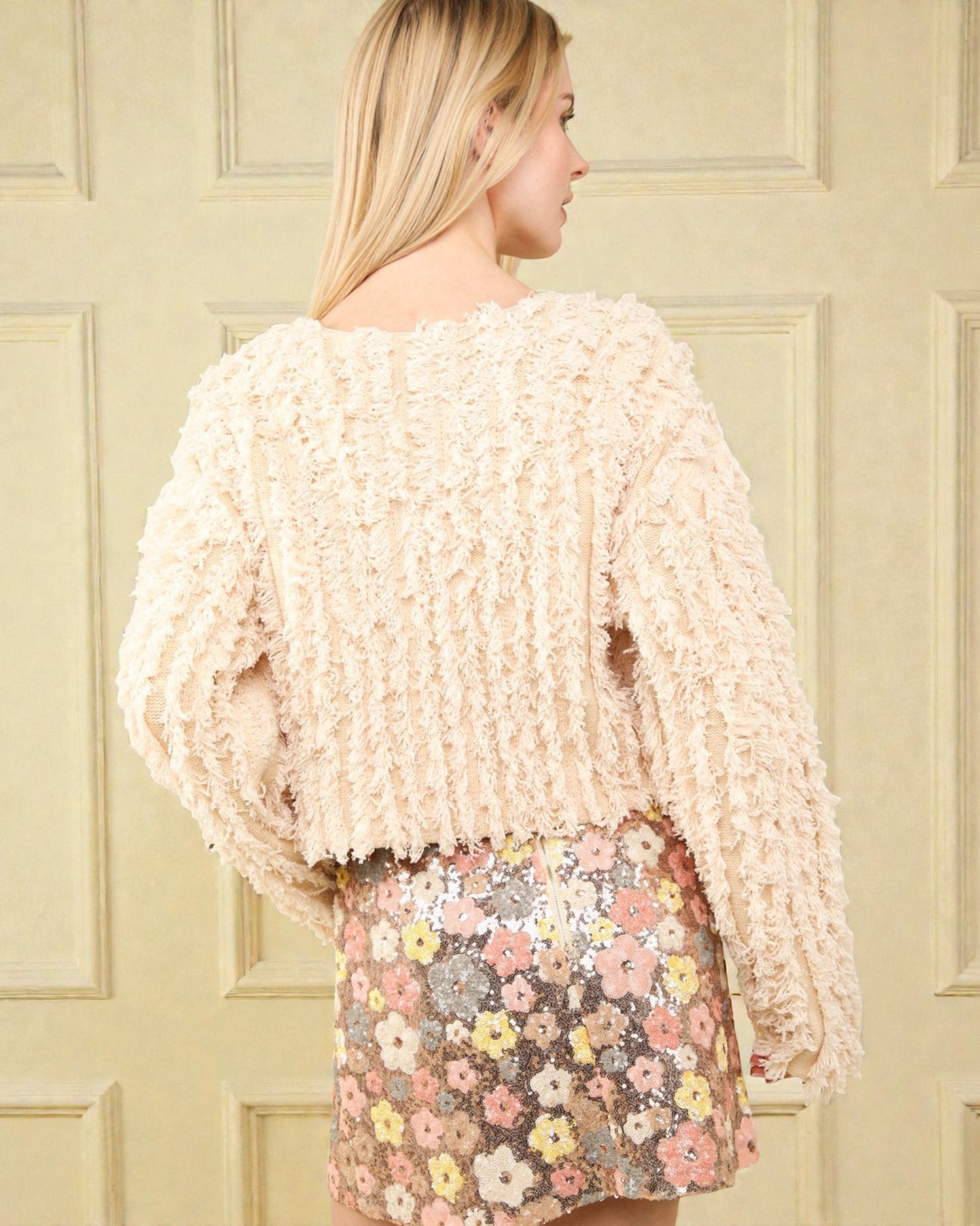 Cream Shag Knit Zip Cardigan