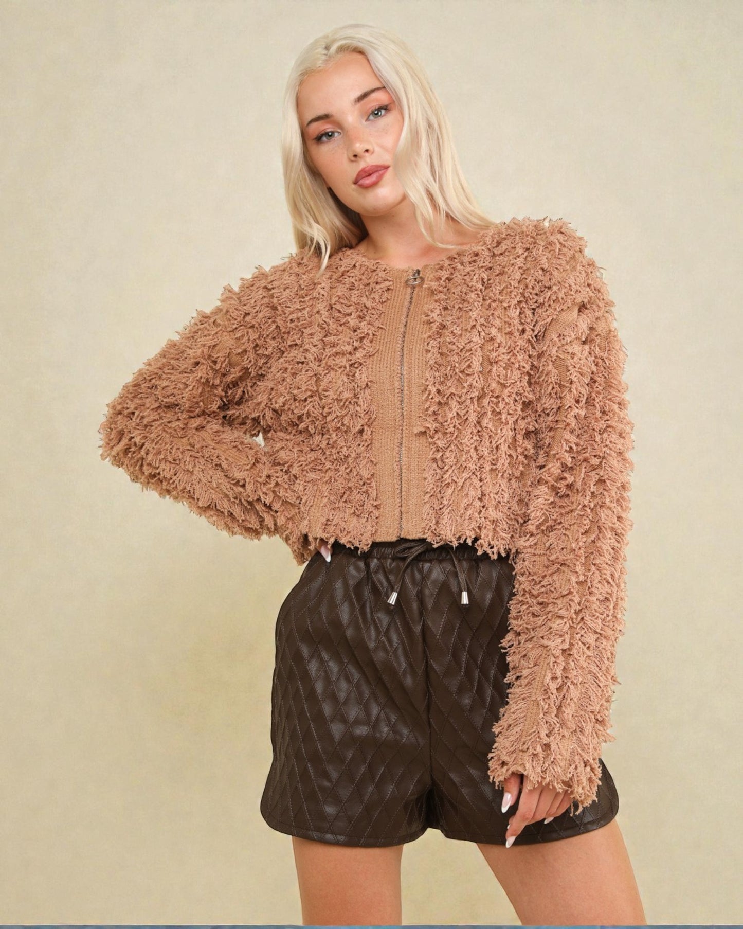 Soft Blush Shag Knit Zip Cardigan