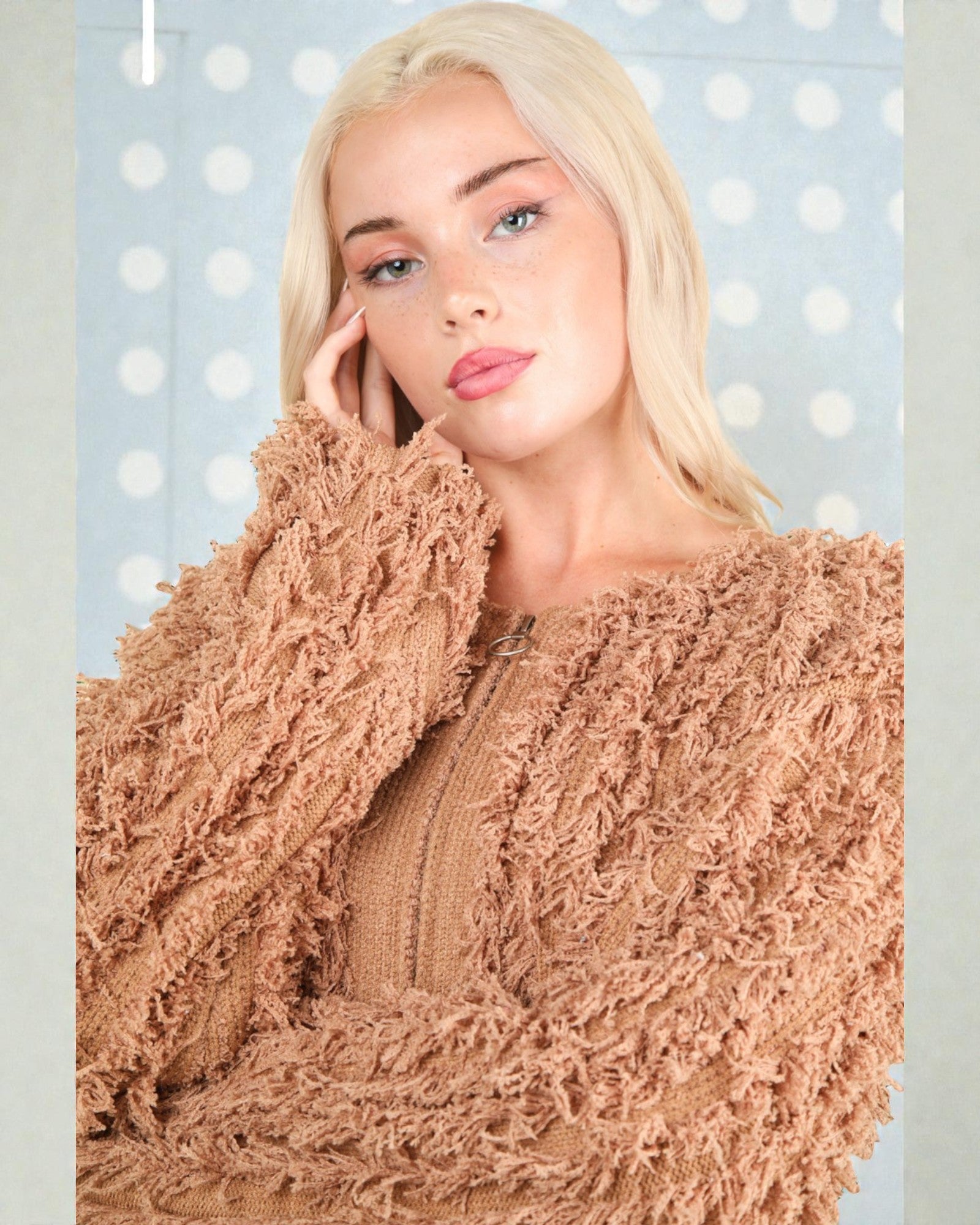 Soft Blush Shag Knit Zip Cardigan