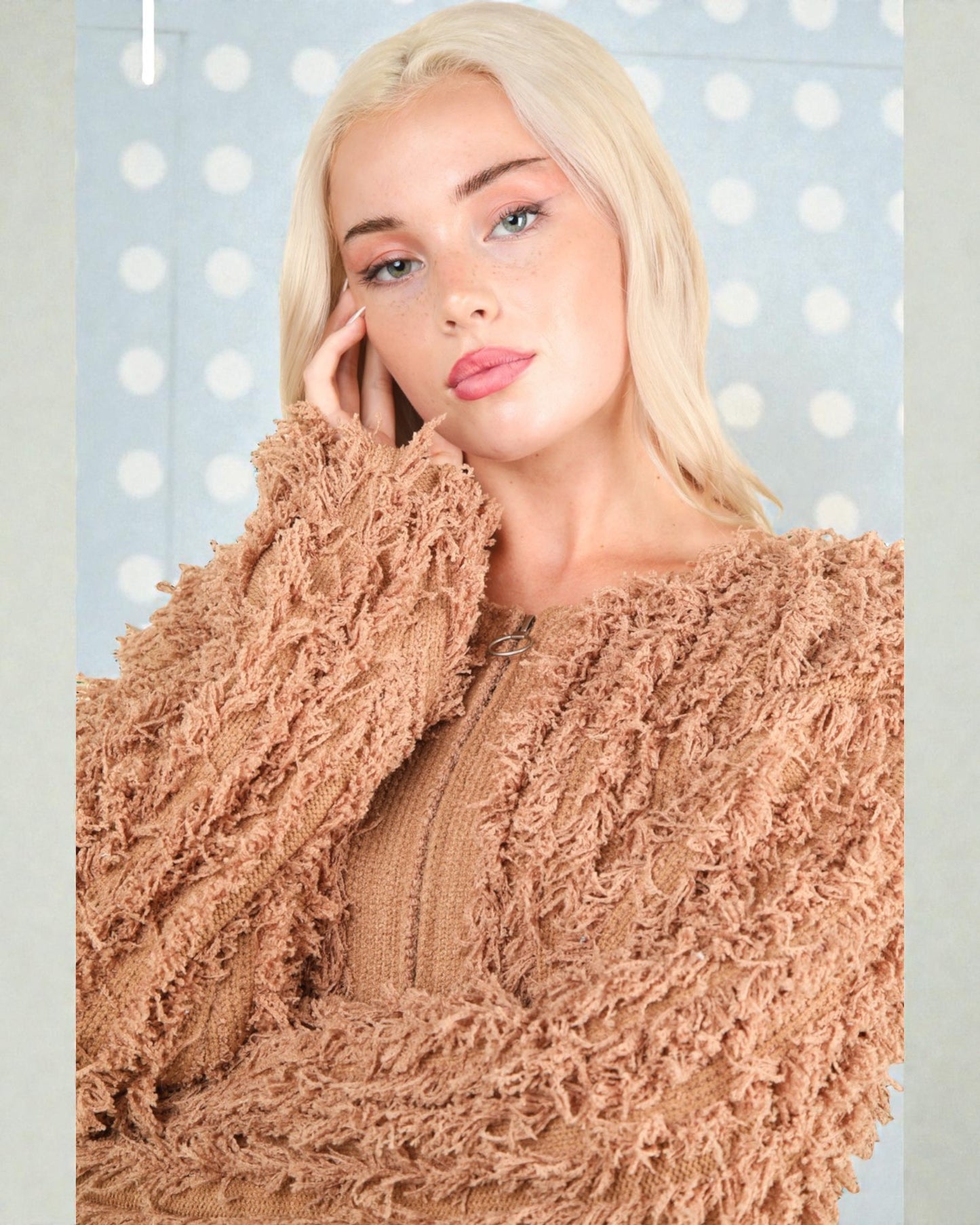 Soft Blush Shag Knit Zip Cardigan