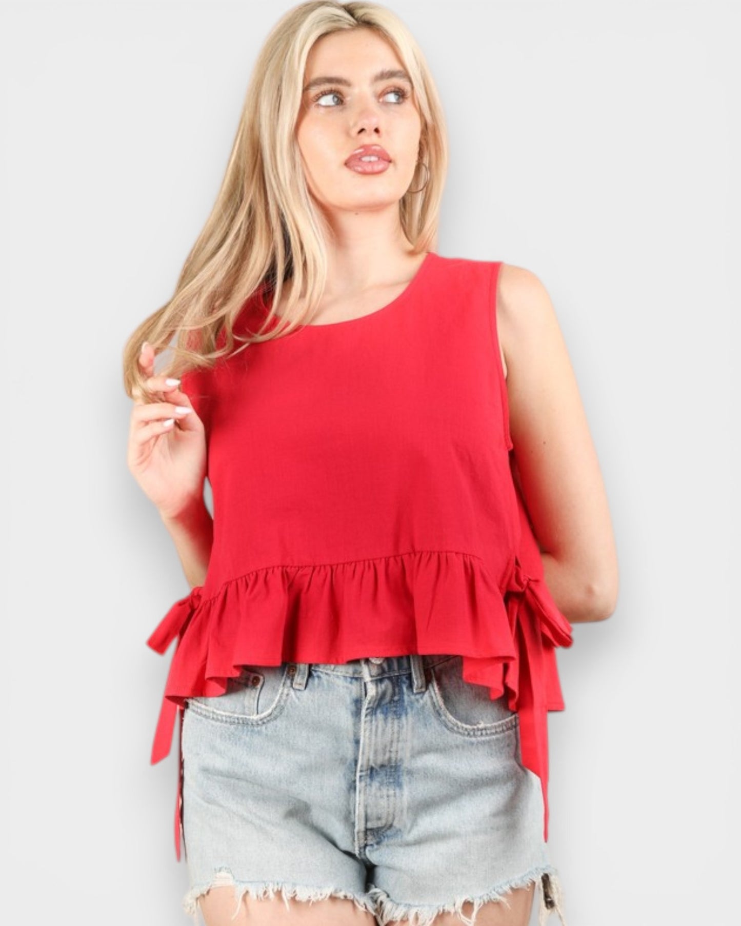 Cherry Red Side Tie Ruffle Hem Top