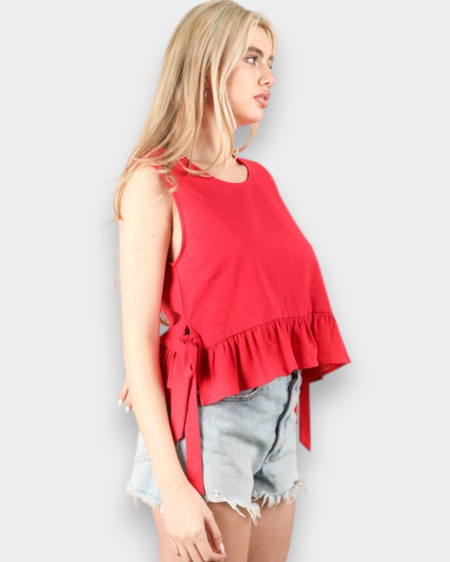 Cherry Red Side Tie Ruffle Hem Top