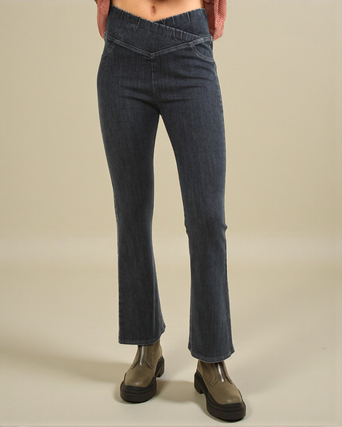 Black Wash V-Waist Pull-On Flare Jeans
