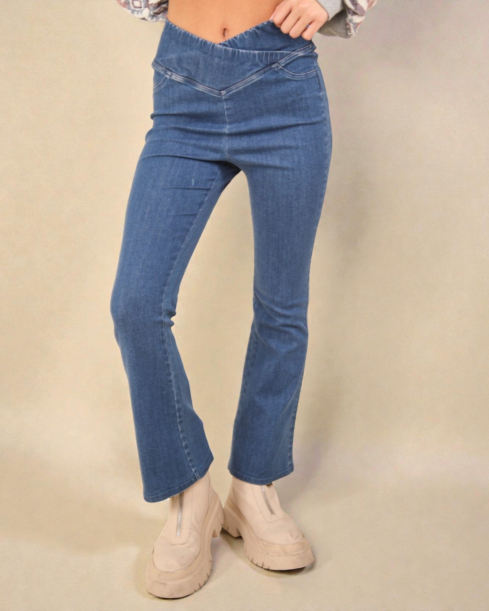 Medium Wash V-Waist Pull-On Flare Jeans