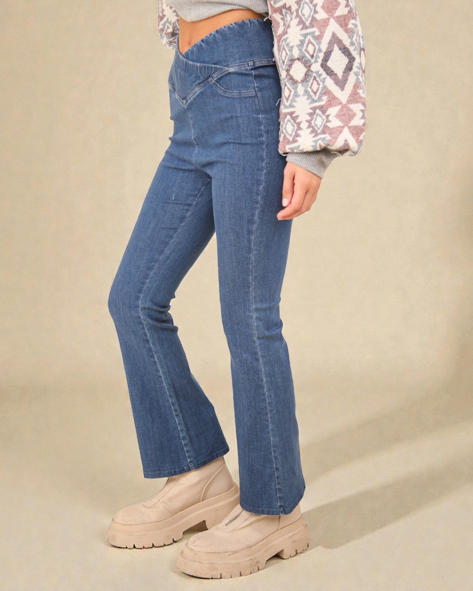 Medium Wash V-Waist Pull-On Flare Jeans